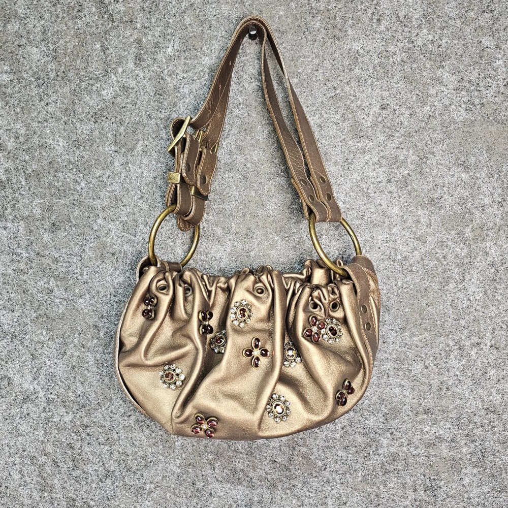 Y2K Stuart Weitzman Metallic Bronze Jewled Leather Mini Hobo Bag